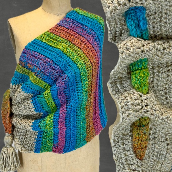 Handmade Accessories - Rainbow gathered scrunch lace crochet scarf‎ wrap tassel handmade pixie festival